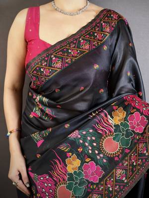 Black silk blend woven kashmiri saree with unstitched blouse piece 4