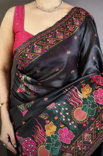 Black silk blend woven kashmiri saree with unstitched blouse piece