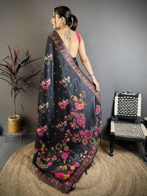Black silk blend woven kashmiri saree with unstitched blouse piece 5