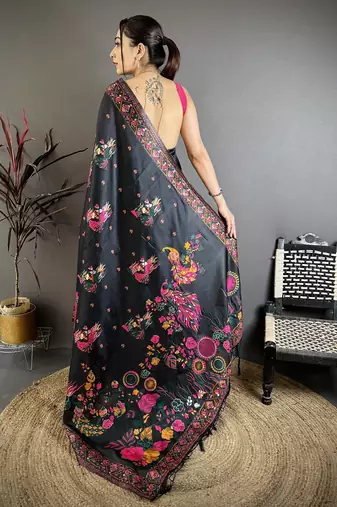 Black silk blend woven kashmiri saree with unstitched blouse piece