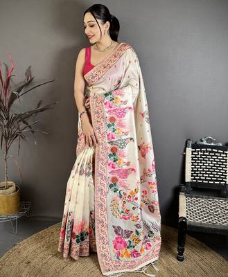 Cream silk blend woven kashmiri saree with unstitched blouse piece 1