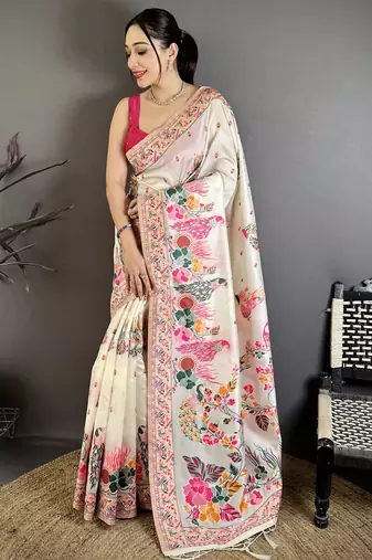 Cream silk blend woven kashmiri saree with unstitched blouse piece