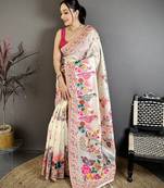 Cream pashmina silk woven kashmiri saree with unstitched blouse piece