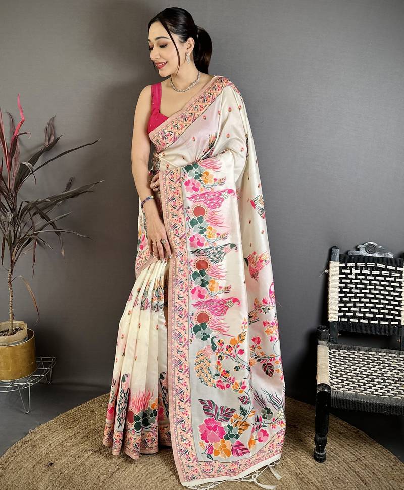 Cream pashmina silk woven kashmiri saree with unstitched blouse piece
