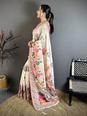 Cream silk blend woven kashmiri saree with unstitched blouse piece 2