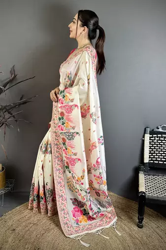 Cream silk blend woven kashmiri saree with unstitched blouse piece