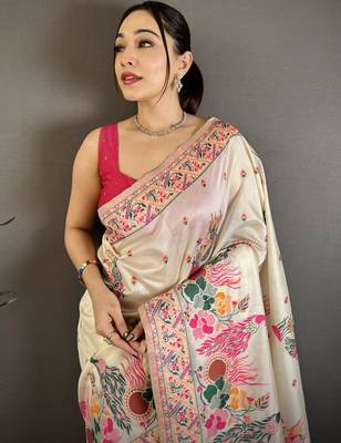 Cream silk blend woven kashmiri saree with unstitched blouse piece 3