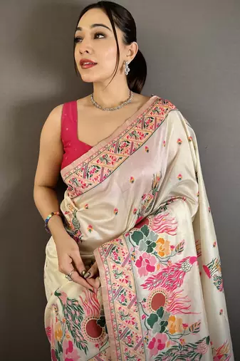 Cream silk blend woven kashmiri saree with unstitched blouse piece