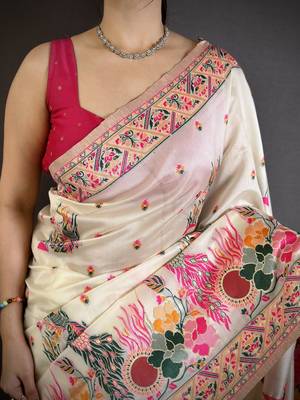 Cream silk blend woven kashmiri saree with unstitched blouse piece 4