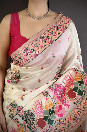 Cream silk blend woven kashmiri saree with unstitched blouse piece