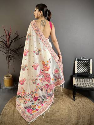 Cream silk blend woven kashmiri saree with unstitched blouse piece 5