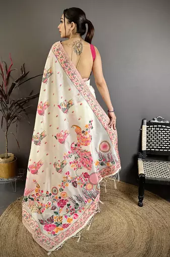 Cream silk blend woven kashmiri saree with unstitched blouse piece