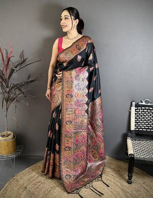 Black silk blend woven kashmiri saree with unstitched blouse piece 1