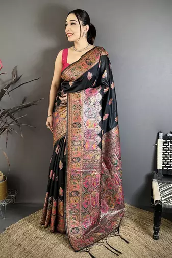 Black silk blend woven kashmiri saree with unstitched blouse piece