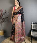 Black pashmina silk woven kashmiri saree with unstitched blouse piece