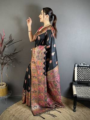 Black silk blend woven kashmiri saree with unstitched blouse piece 2