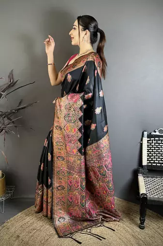 Black silk blend woven kashmiri saree with unstitched blouse piece