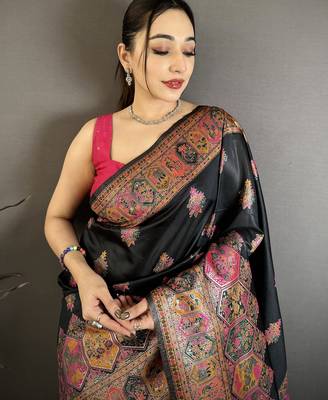 Black silk blend woven kashmiri saree with unstitched blouse piece 3