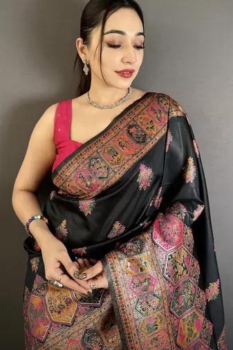 Black silk blend woven kashmiri saree with unstitched blouse piece