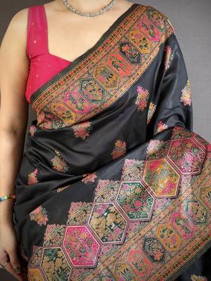 Black silk blend woven kashmiri saree with unstitched blouse piece 4