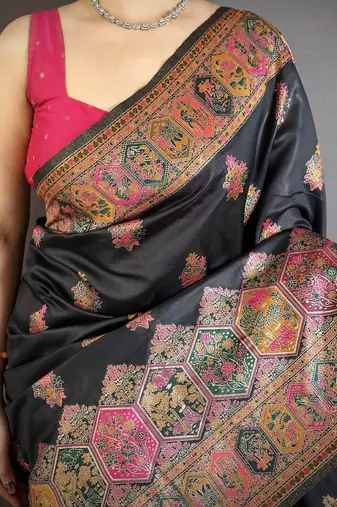 Black silk blend woven kashmiri saree with unstitched blouse piece