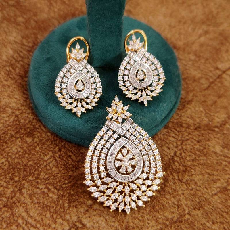 Celestia Luxe American Diamond Teardrop Pendant Set 