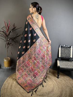 Black silk blend woven kashmiri saree with unstitched blouse piece 5