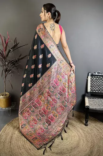 Black silk blend woven kashmiri saree with unstitched blouse piece