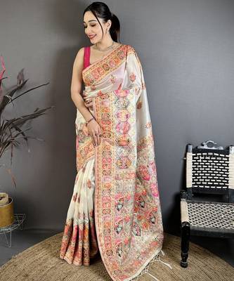 Cream silk blend woven kashmiri saree with unstitched blouse piece 1