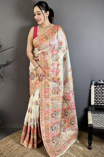 Cream silk blend woven kashmiri saree with unstitched blouse piece