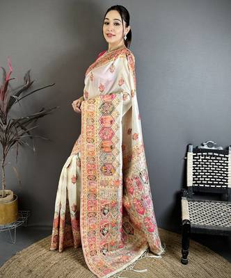 Cream silk blend woven kashmiri saree with unstitched blouse piece 2