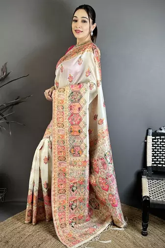 Cream silk blend woven kashmiri saree with unstitched blouse piece
