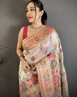 Cream silk blend woven kashmiri saree with unstitched blouse piece 3