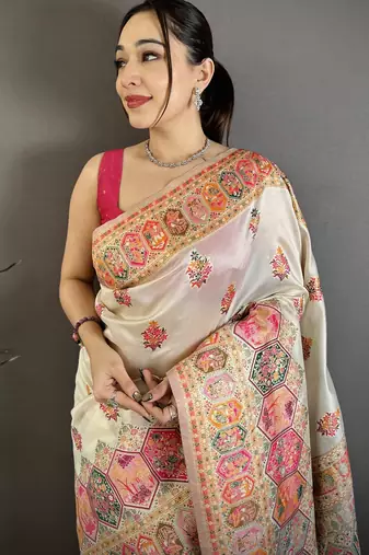 Cream silk blend woven kashmiri saree with unstitched blouse piece