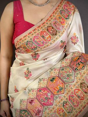 Cream silk blend woven kashmiri saree with unstitched blouse piece 4