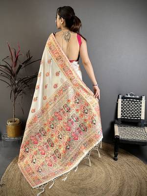 Cream silk blend woven kashmiri saree with unstitched blouse piece 5