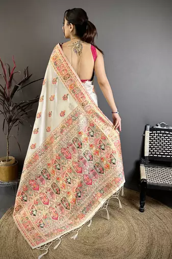 Cream silk blend woven kashmiri saree with unstitched blouse piece