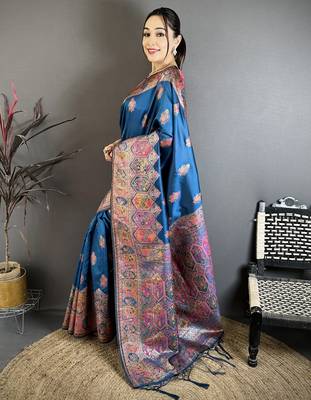 Teal silk blend woven kashmiri saree with unstitched blouse piece 2