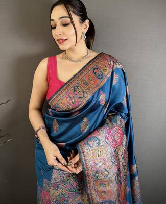 Teal silk blend woven kashmiri saree with unstitched blouse piece 3