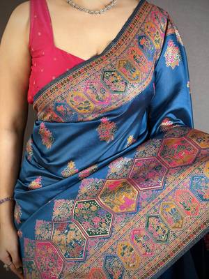 Teal silk blend woven kashmiri saree with unstitched blouse piece 4
