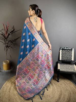 Teal silk blend woven kashmiri saree with unstitched blouse piece 5