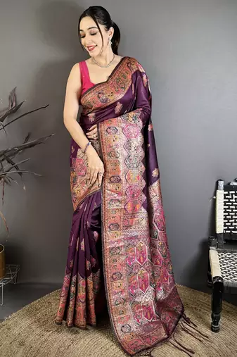 Wine silk blend woven kashmiri saree with unstitched blouse piece