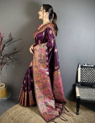 Wine silk blend woven kashmiri saree with unstitched blouse piece 2
