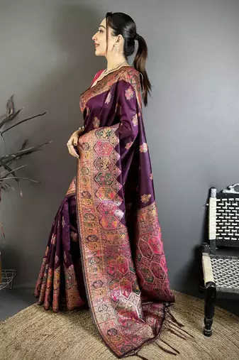 Wine silk blend woven kashmiri saree with unstitched blouse piece