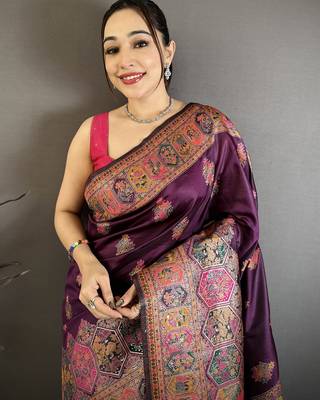 Wine silk blend woven kashmiri saree with unstitched blouse piece 3
