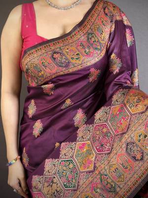 Wine silk blend woven kashmiri saree with unstitched blouse piece 4