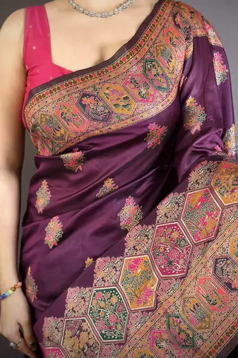 Wine silk blend woven kashmiri saree with unstitched blouse piece