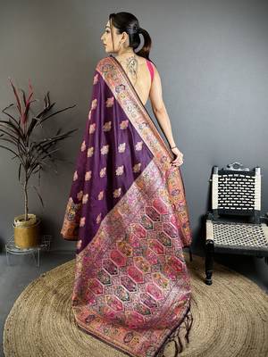 Wine silk blend woven kashmiri saree with unstitched blouse piece 5