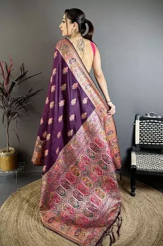 Wine silk blend woven kashmiri saree with unstitched blouse piece