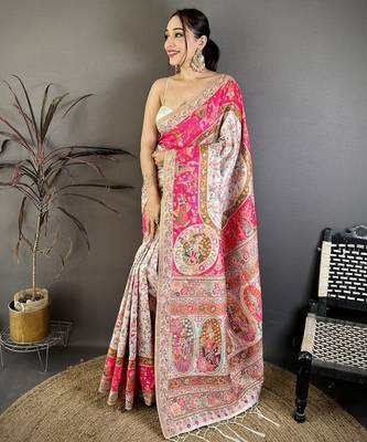 Cream & pink silk blend woven kashmiri saree with unstitched blouse piece 1
